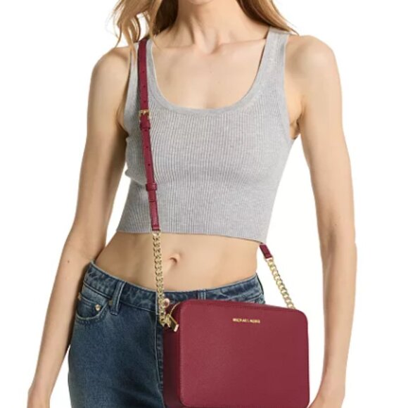 Michael Kors Large Leather Jet Set East West Crossbody Deep Red - Picture 2 of 4